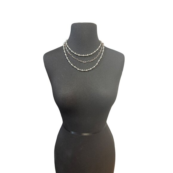 Roman And Sunstone Triple Strand Gray Pearl and Rhinestone Necklace 18 inch - Picture 2 of 5